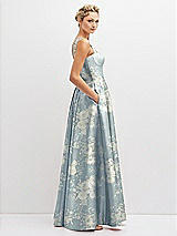 Side View Thumbnail - Porcelain Blue Seraphina Floral Floral Lace-Up Back Bustier Satin Dress with Full Skirt and Pockets