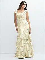 Front View Thumbnail - Butter Yellow Floral Floral Bow-Shoulder Satin Maxi Dress with Asymmetrical Tiered Skirt
