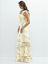 Side View Thumbnail - Butter Yellow Floral Floral Bow-Shoulder Satin Maxi Dress with Asymmetrical Tiered Skirt