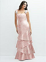 Front View Thumbnail - Bow And Blossom Print Floral Bow-Shoulder Satin Maxi Dress with Asymmetrical Tiered Skirt