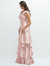 Side View Thumbnail - Bow And Blossom Print Floral Bow-Shoulder Satin Maxi Dress with Asymmetrical Tiered Skirt