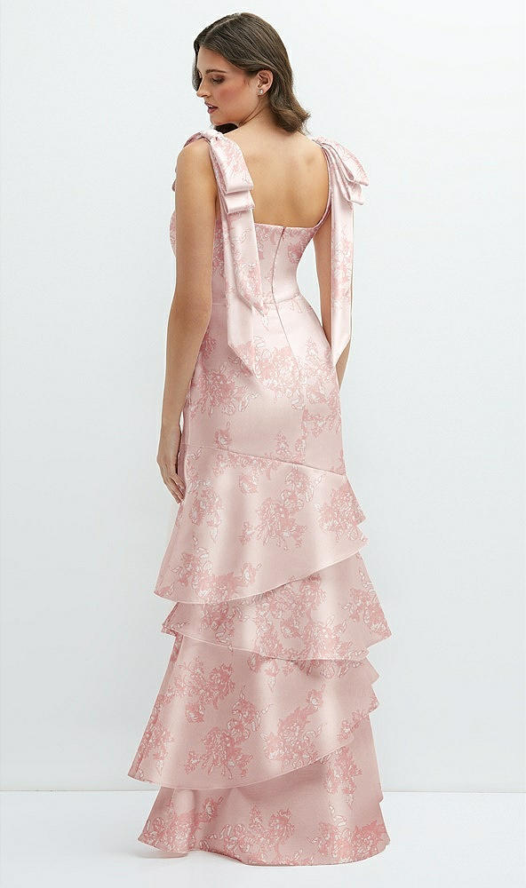 Back View - Bow And Blossom Print Floral Bow-Shoulder Satin Maxi Dress with Asymmetrical Tiered Skirt