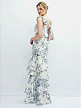 Rear View Thumbnail - Cottage Rose Larkspur Floral Bow-Shoulder Satin Maxi Dress with Asymmetrical Tiered Skirt