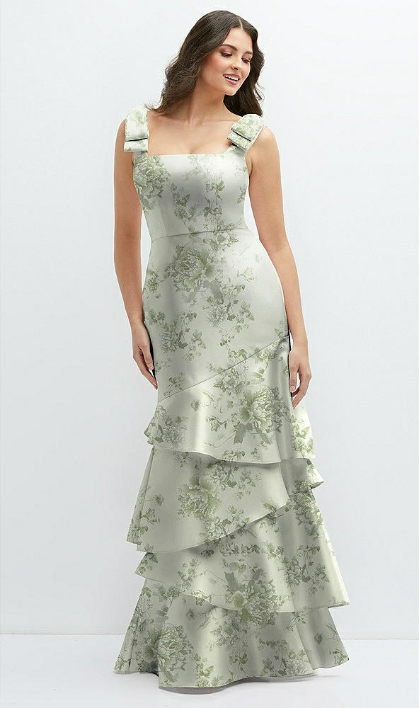 Front View - Sage Cottage Rose Floral Bow-Shoulder Satin Maxi Dress with Asymmetrical Tiered Skirt