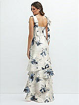 Rear View Thumbnail - Inkwash Blue Floral Floral Bow-Shoulder Satin Maxi Dress with Asymmetrical Tiered Skirt