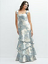 Front View Thumbnail - Porcelain Blue Seraphina Floral Floral Bow-Shoulder Satin Maxi Dress with Asymmetrical Tiered Skirt