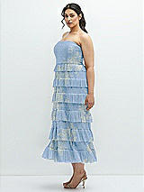 Side View Thumbnail - Larkspur Gold Foil Ruffle Tiered Skirt Metallic Pleated Strapless Midi Dress with Floral Gold Foil Print