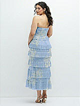 Rear View Thumbnail - Larkspur Gold Foil Ruffle Tiered Skirt Metallic Pleated Strapless Midi Dress with Floral Gold Foil Print