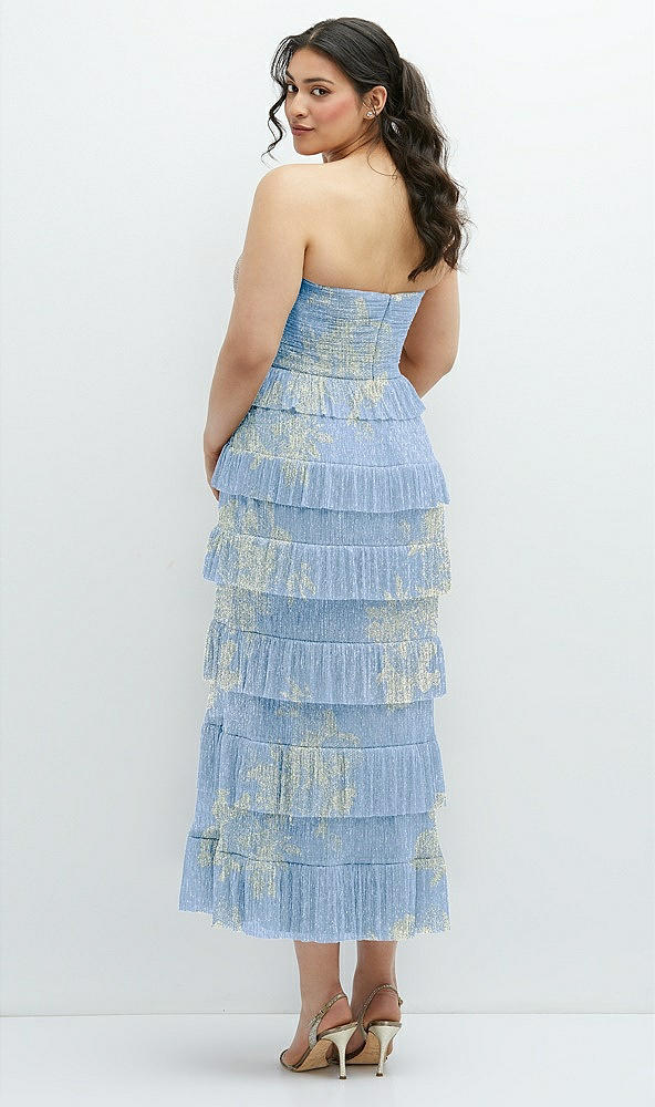 Back View - Larkspur Gold Foil Ruffle Tiered Skirt Metallic Pleated Strapless Midi Dress with Floral Gold Foil Print