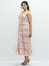 Side View Thumbnail - Pink Gold Foil Ruffle Tiered Skirt Metallic Pleated Strapless Midi Dress with Floral Gold Foil Print