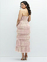 Rear View Thumbnail - Pink Gold Foil Ruffle Tiered Skirt Metallic Pleated Strapless Midi Dress with Floral Gold Foil Print