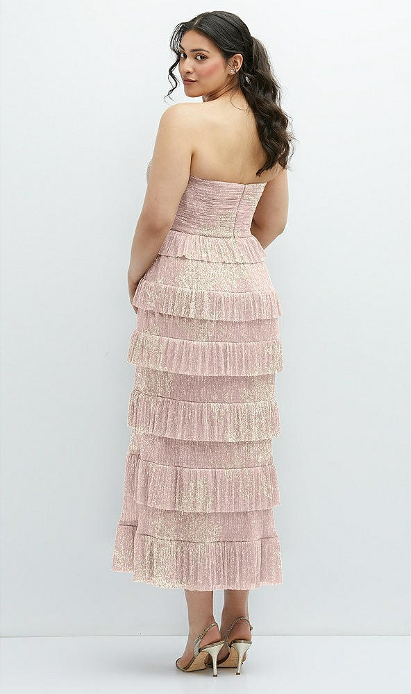 Back View - Pink Gold Foil Ruffle Tiered Skirt Metallic Pleated Strapless Midi Dress with Floral Gold Foil Print