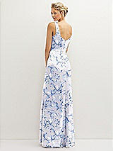 Rear View Thumbnail - Magnolia Sky Floral Square-Neck Satin A-line Maxi Dress with Front Slit