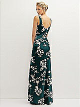 Rear View Thumbnail - Vintage Primrose Evergreen Floral Square-Neck Satin A-line Maxi Dress with Front Slit