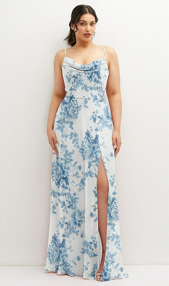 Front View - Cottage Rose Dusk Blue Soft Cowl-Neck A-Line Maxi Dress with Adjustable Straps