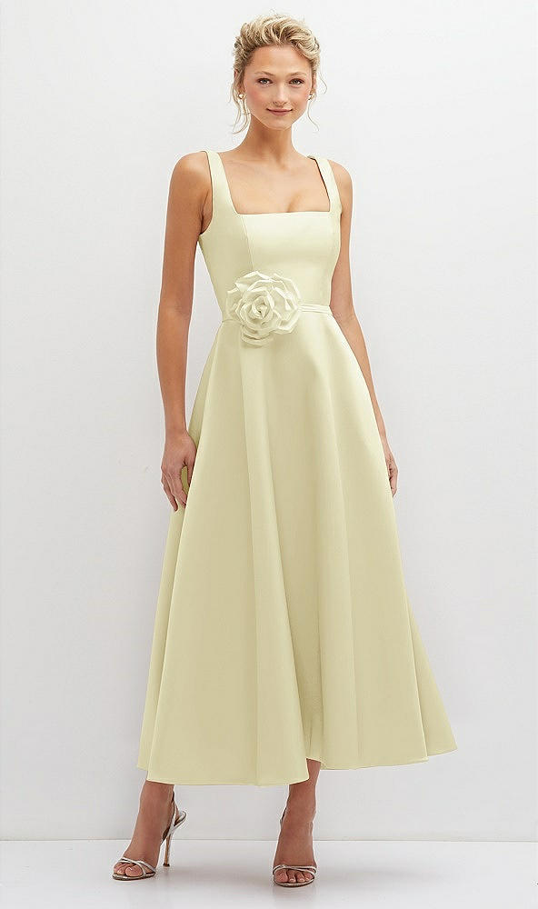 Front View - Butter Yellow Square Neck Satin Midi Dress with Full Skirt & Flower Sash