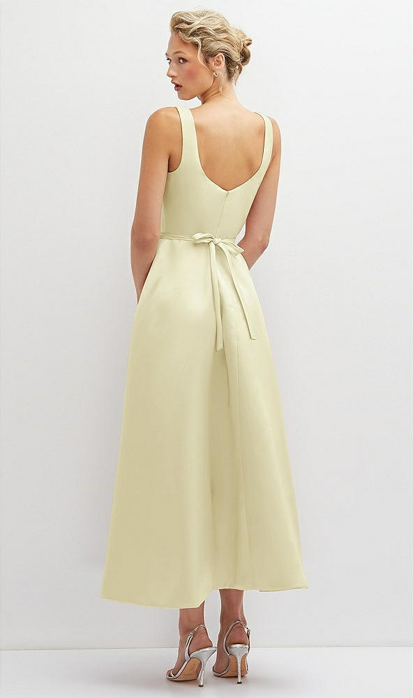 Back View - Butter Yellow Square Neck Satin Midi Dress with Full Skirt & Flower Sash