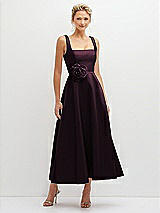 Front View Thumbnail - Deep Plum Square Neck Satin Midi Dress with Full Skirt & Flower Sash