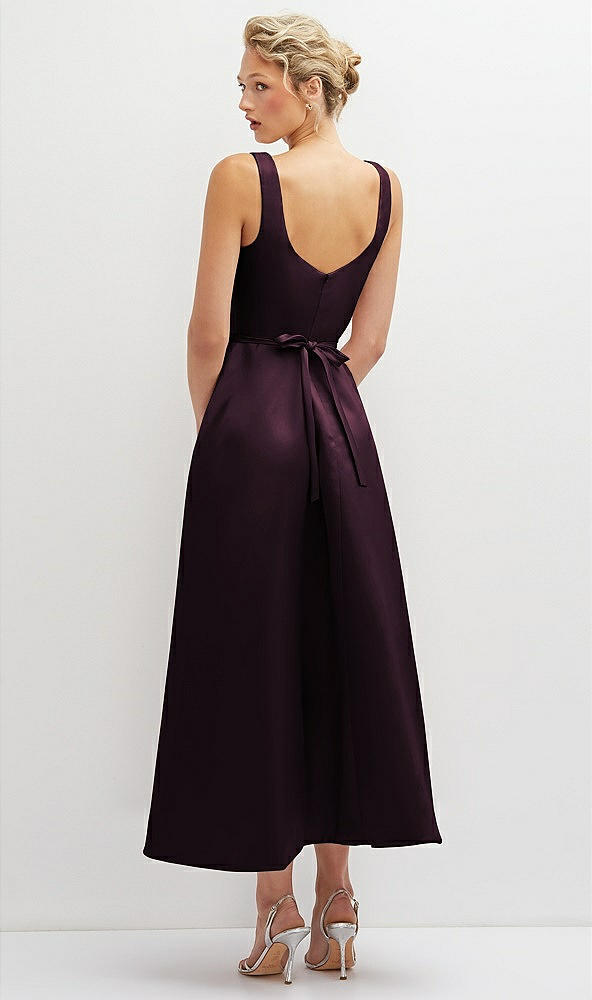 Back View - Deep Plum Square Neck Satin Midi Dress with Full Skirt & Flower Sash