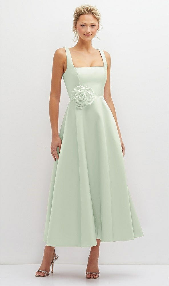 Front View - Mint Green Square Neck Satin Midi Dress with Full Skirt & Flower Sash