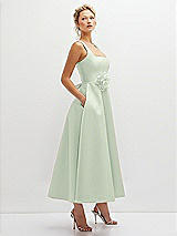 Side View Thumbnail - Mint Green Square Neck Satin Midi Dress with Full Skirt & Flower Sash