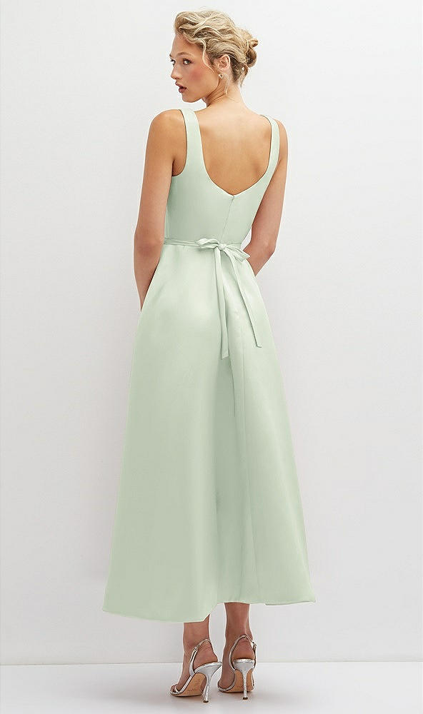 Back View - Mint Green Square Neck Satin Midi Dress with Full Skirt & Flower Sash