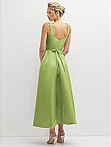 Rear View Thumbnail - Mojito Square Neck Satin Midi Dress with Full Skirt & Flower Sash