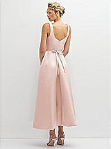 Rear View Thumbnail - Blush Square Neck Satin Midi Dress with Full Skirt & Flower Sash
