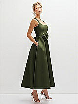 Side View Thumbnail - Olive Green Square Neck Satin Midi Dress with Full Skirt & Flower Sash