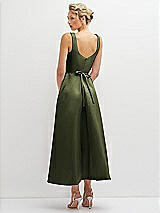 Rear View Thumbnail - Olive Green Square Neck Satin Midi Dress with Full Skirt & Flower Sash