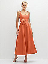 Front View Thumbnail - Portofino Orange Square Neck Satin Midi Dress with Full Skirt & Flower Sash