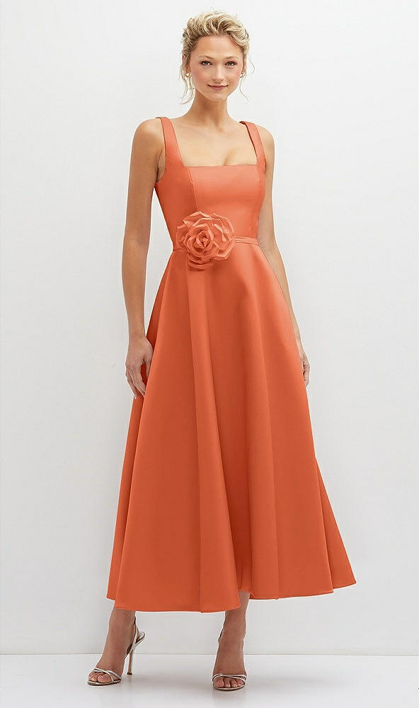 Front View - Portofino Orange Square Neck Satin Midi Dress with Full Skirt & Flower Sash