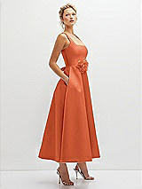 Side View Thumbnail - Portofino Orange Square Neck Satin Midi Dress with Full Skirt & Flower Sash