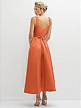 Rear View Thumbnail - Portofino Orange Square Neck Satin Midi Dress with Full Skirt & Flower Sash