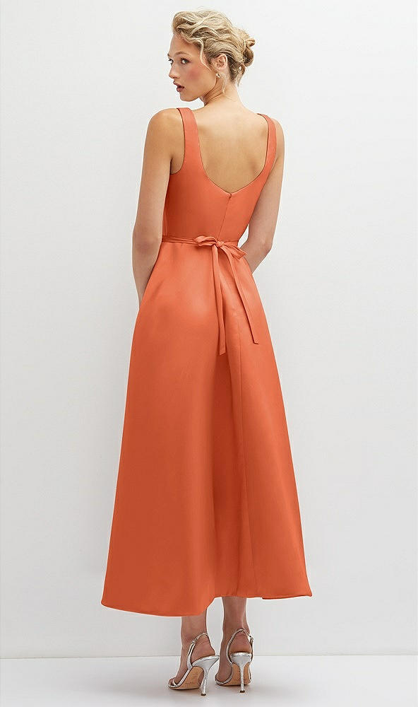 Back View - Portofino Orange Square Neck Satin Midi Dress with Full Skirt & Flower Sash
