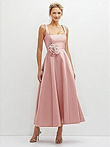Front View Thumbnail - Rose Square Neck Satin Midi Dress with Full Skirt & Flower Sash
