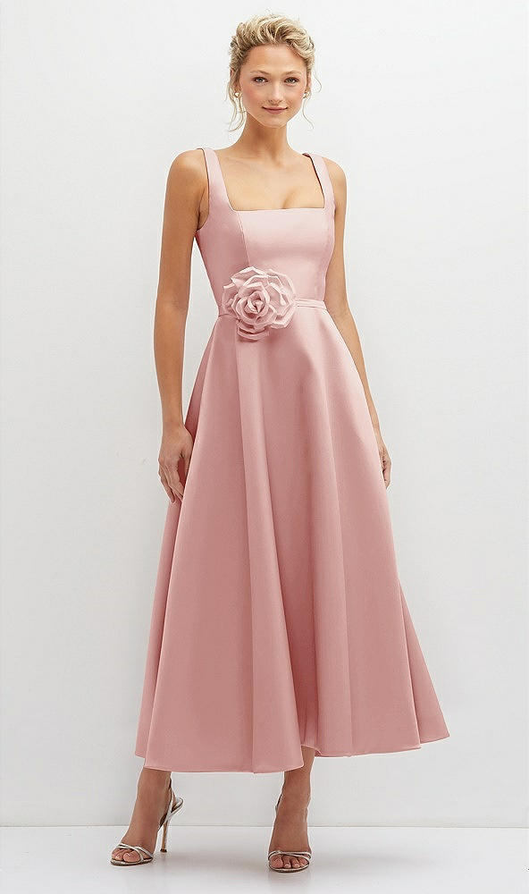 Front View - Rose Square Neck Satin Midi Dress with Full Skirt & Flower Sash