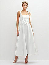 Front View Thumbnail - White Square Neck Satin Midi Dress with Full Skirt & Flower Sash