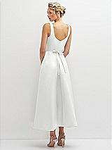 Rear View Thumbnail - White Square Neck Satin Midi Dress with Full Skirt & Flower Sash