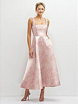 Front View Thumbnail - Bow And Blossom Print Floral Square Neck Satin Midi Dress with Full Skirt & Pockets