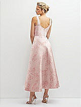 Rear View Thumbnail - Bow And Blossom Print Floral Square Neck Satin Midi Dress with Full Skirt & Pockets