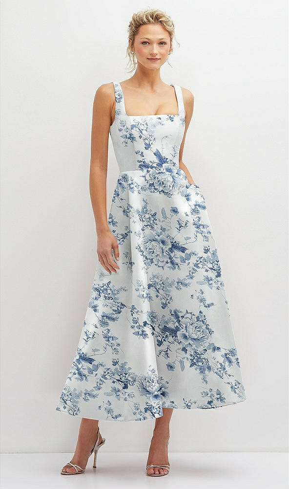 Front View - Cottage Rose Larkspur Floral Square Neck Satin Midi Dress with Full Skirt & Pockets