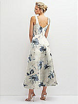 Rear View Thumbnail - Inkwash Blue Floral Floral Square Neck Satin Midi Dress with Full Skirt & Pockets