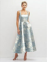 Front View Thumbnail - Porcelain Blue Seraphina Floral Floral Square Neck Satin Midi Dress with Full Skirt & Pockets