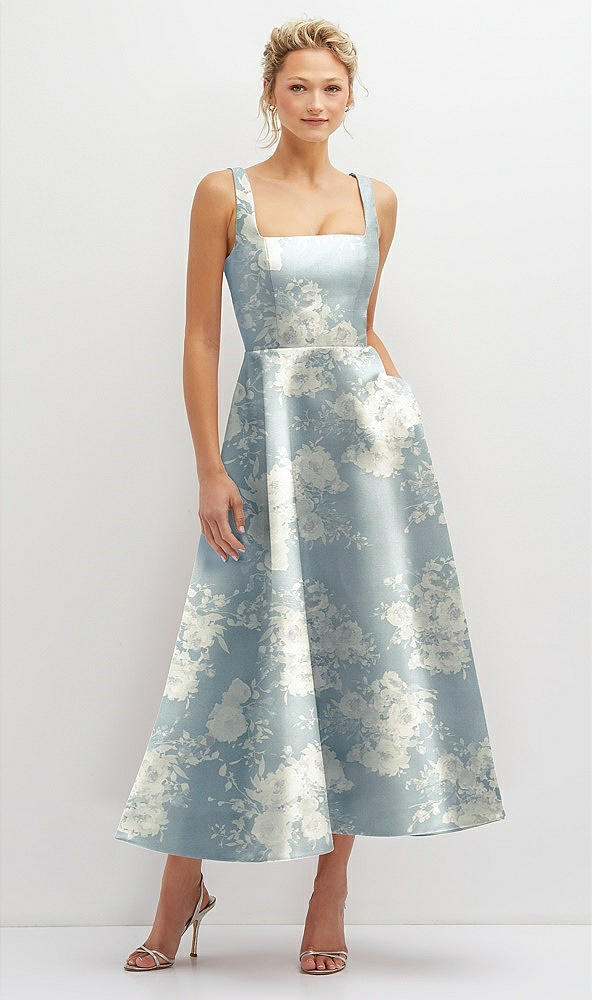 Front View - Porcelain Blue Seraphina Floral Floral Square Neck Satin Midi Dress with Full Skirt & Pockets