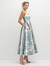 Side View Thumbnail - Porcelain Blue Seraphina Floral Floral Square Neck Satin Midi Dress with Full Skirt & Pockets