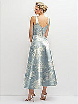 Rear View Thumbnail - Porcelain Blue Seraphina Floral Floral Square Neck Satin Midi Dress with Full Skirt & Pockets