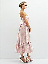 Side View Thumbnail - Bow And Blossom Print Floral Satin Strapless Midi Corset Dress with Lace-Up Back & Ruffle Hem