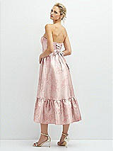 Rear View Thumbnail - Bow And Blossom Print Floral Satin Strapless Midi Corset Dress with Lace-Up Back & Ruffle Hem