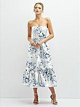 Front View Thumbnail - Cottage Rose Larkspur Floral Satin Strapless Midi Corset Dress with Lace-Up Back & Ruffle Hem